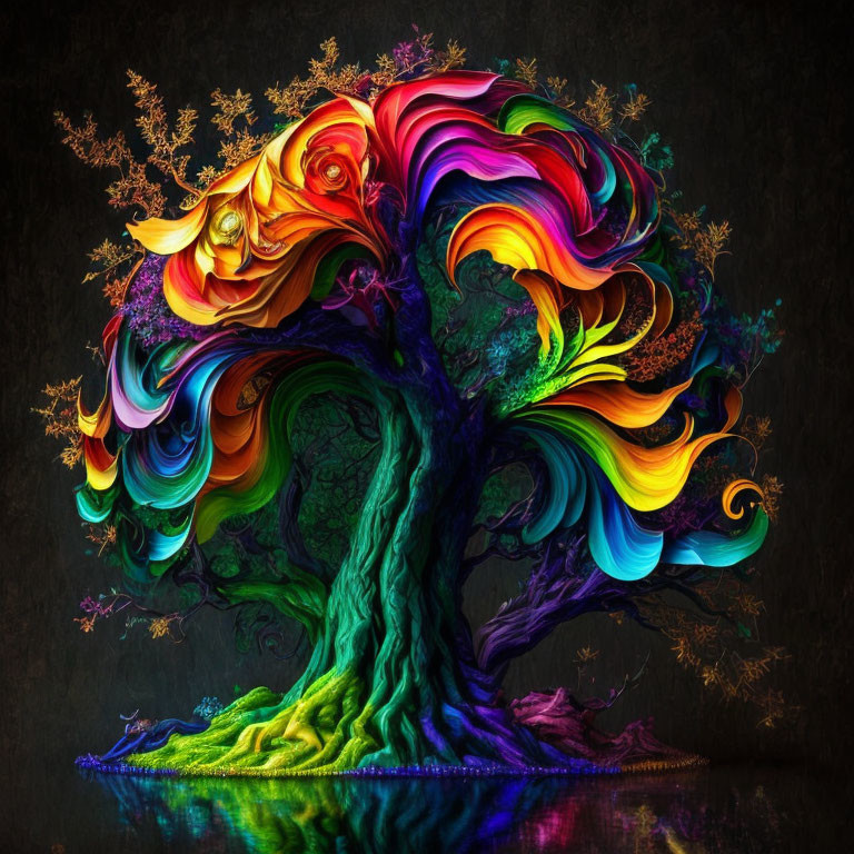 Colorful Whimsical Tree with Swirling Branches on Dark Background