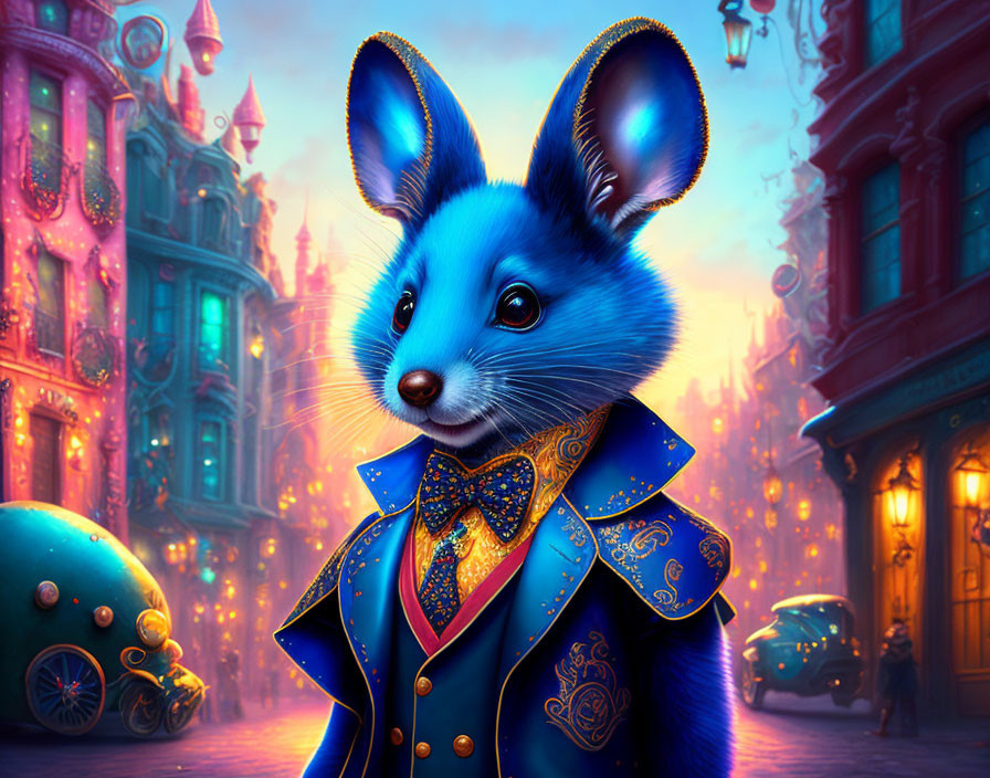 Anthropomorphic blue mouse in elegant suit in vibrant, fantastical city at dusk