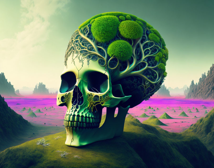 Skull with greenery brain on purple water landscape