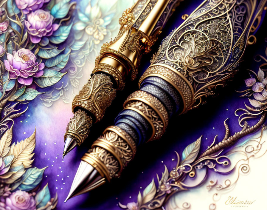 Intricate gemstone-adorned metal fountain pen on floral backdrop