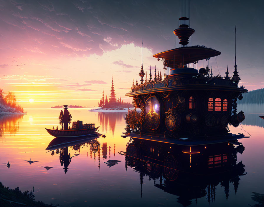 Intricately designed houseboat on tranquil lake at sunset