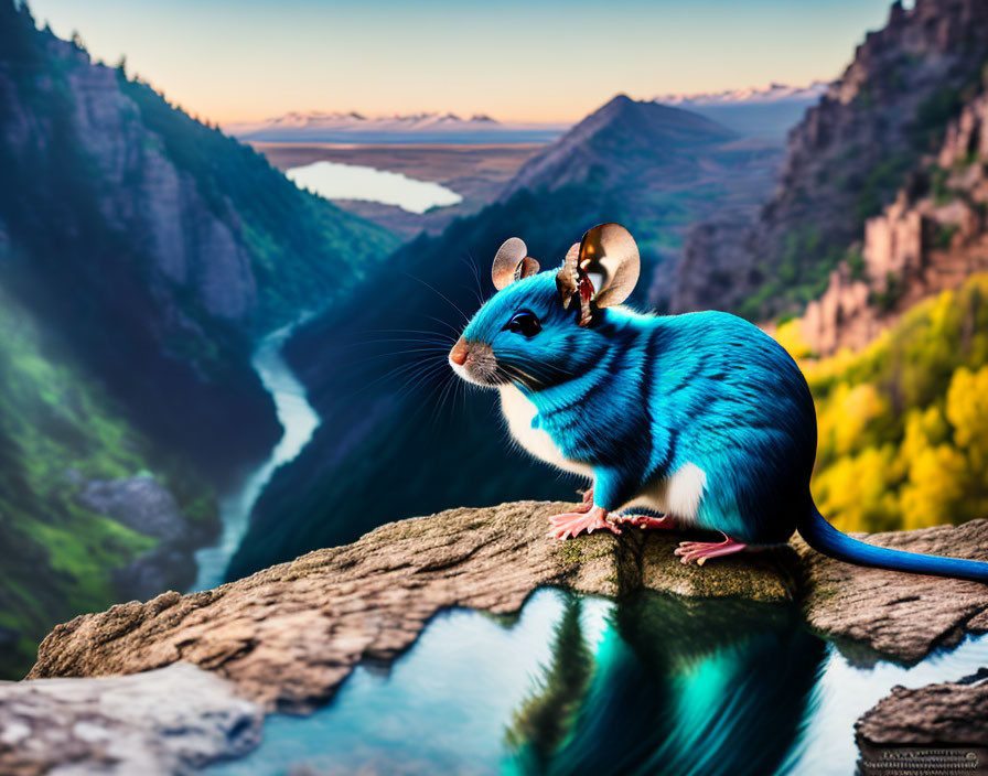 Photoshopped image: Mouse with blue-striped skin on rock in scenic canyon.