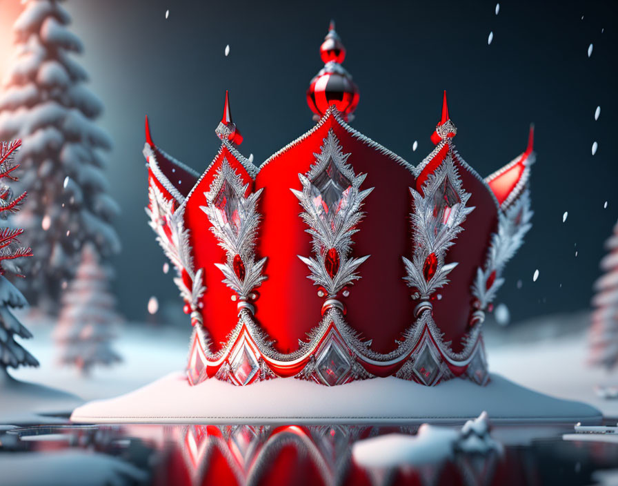 Red and Silver Crown with Snowy Pine Trees and Snowflakes