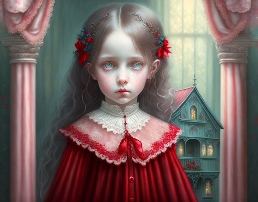 Young girl in red dress holding dollhouse in eerie painting