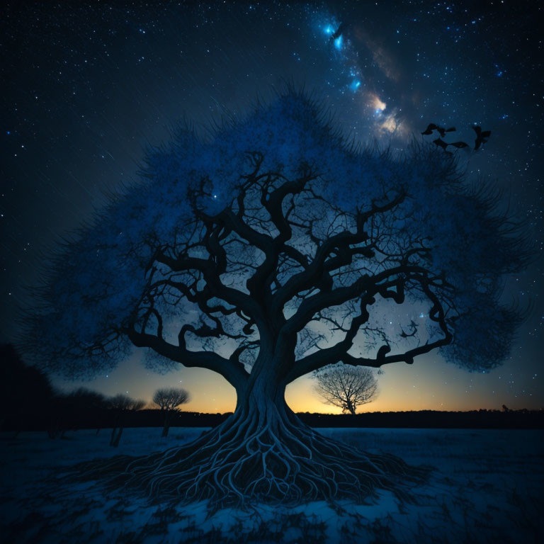 Solitary Tree with Intricate Branches Against Starry Twilight Sky