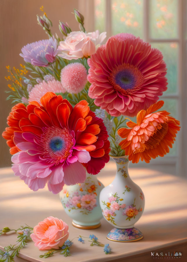 Colorful Pink and Orange Gerbera Bouquet in Ornate Vase on Sunlit Wooden Surface