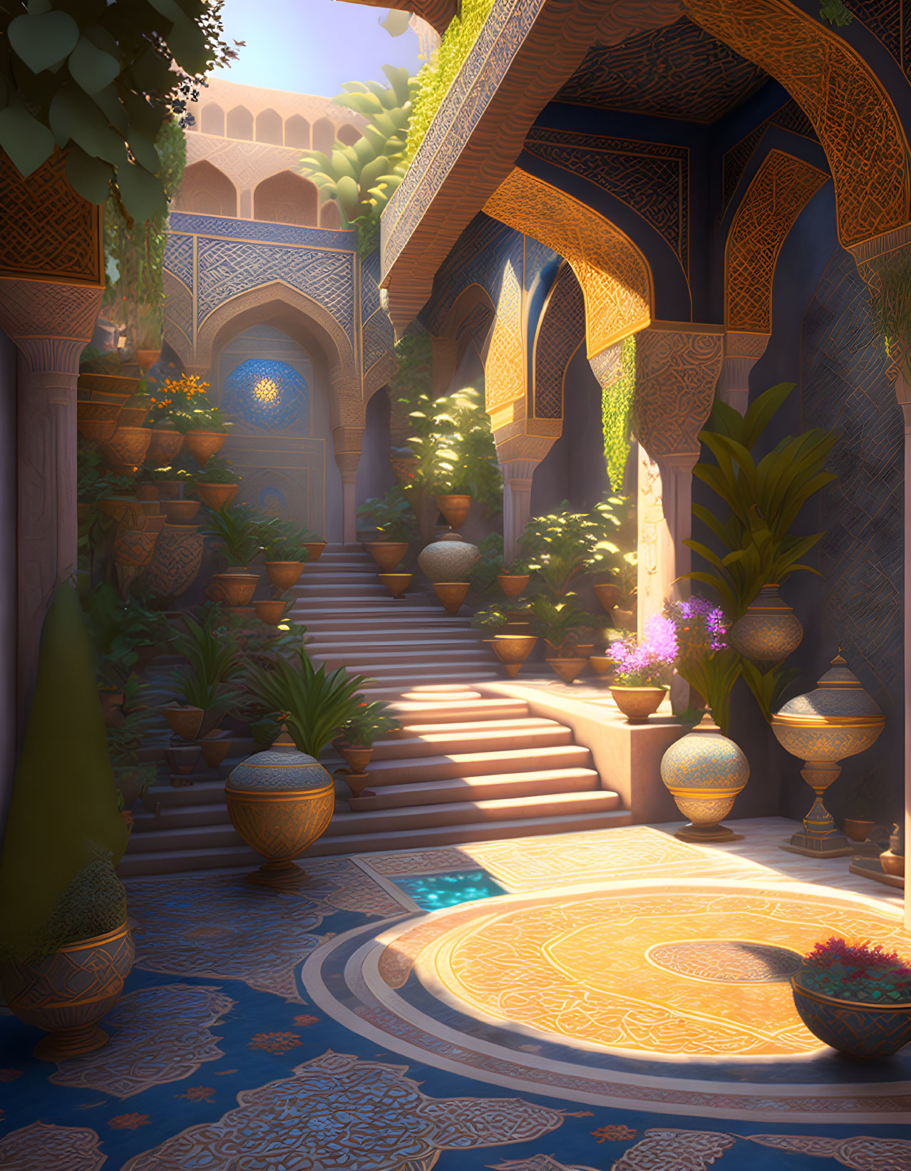 Sunlit courtyard with ornate arches, mosaic tiles, lush plants