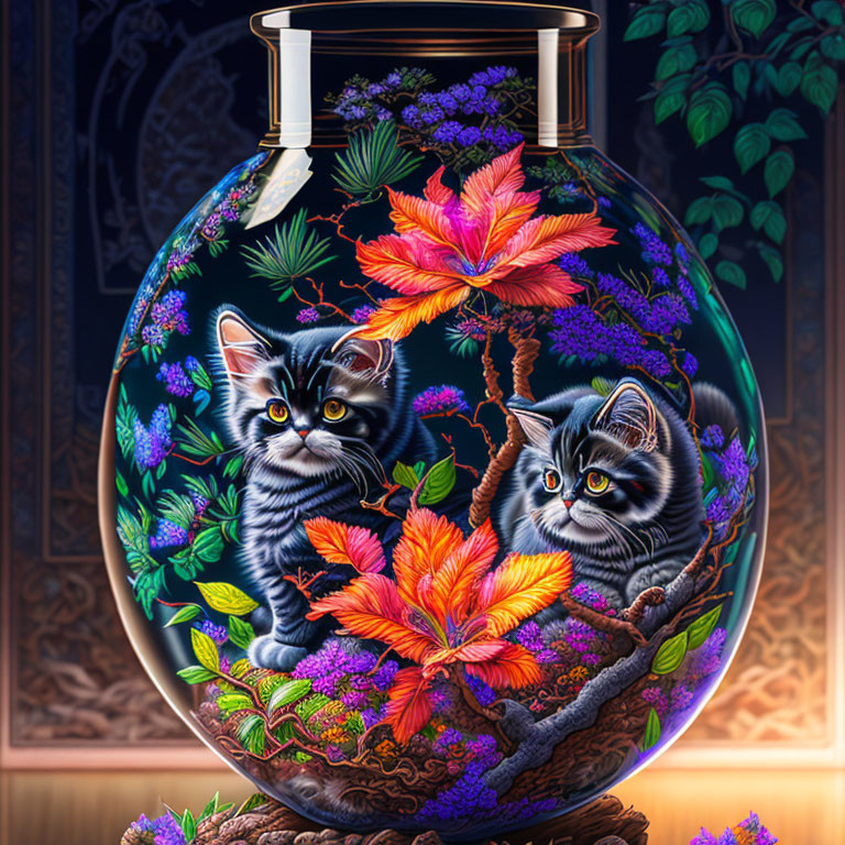 Colorful illustration: Grey kittens with blue eyes in glass vase with foliage and floral patterns