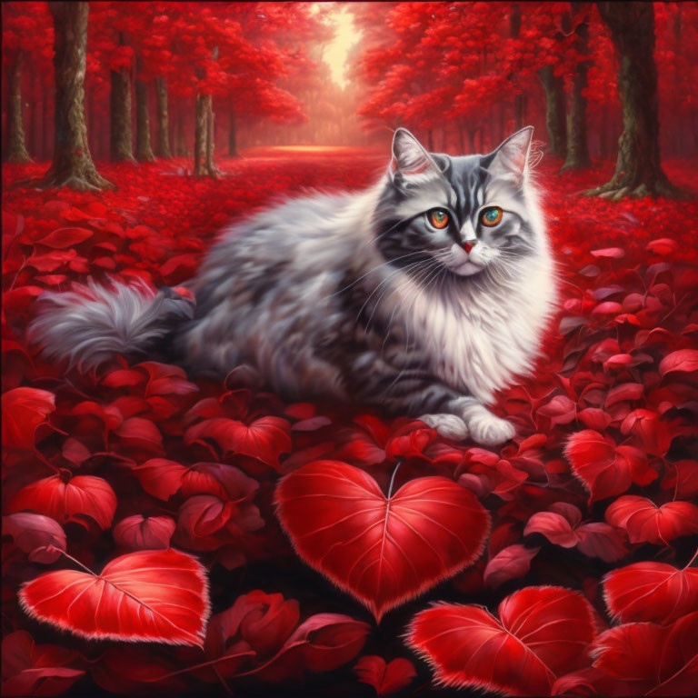 Fluffy cat in vibrant red-leafed forest with piercing eyes