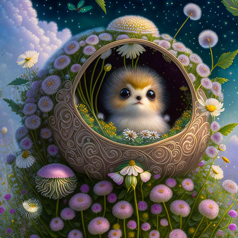 Illustration of fluffy creature in egg among daisies and mushrooms