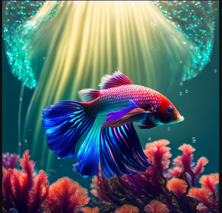 Colorful Betta fish swims with coral and jellyfish in underwater scene