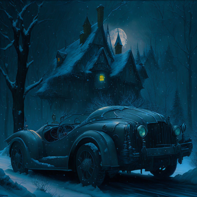 Vintage car parked in snowy night outside cozy house with full moon