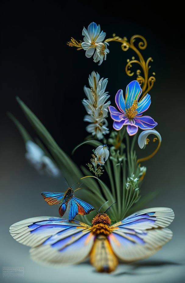 Colorful butterfly on flower with dark background and tendrils