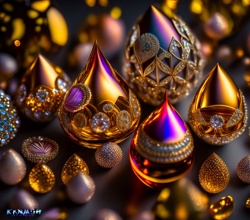 Reflective 3D rendering of intricate patterned jewels and droplets in warm tones