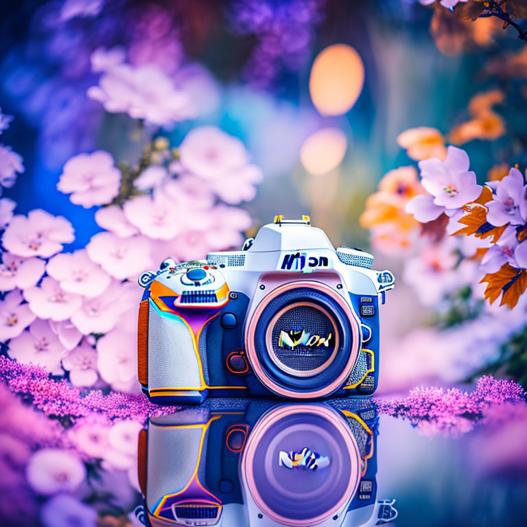 Nikon camera with pink and purple flowers in dreamy background