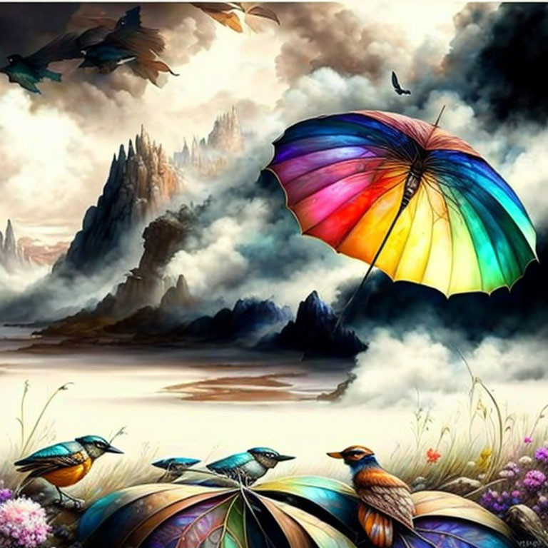 Colorful Umbrella Over Majestic Mountain Landscape with Birds