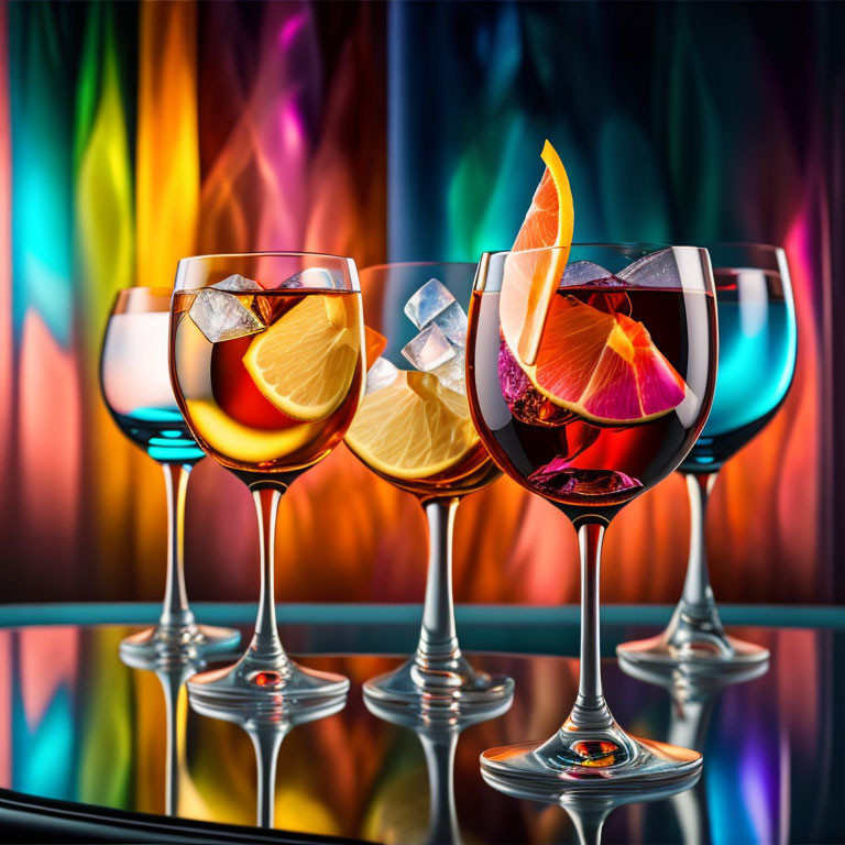 Vibrant cocktails in elegant glasses with citrus garnishes on colorful backdrop