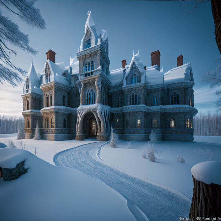 Victorian-style mansion in snowy forest landscape