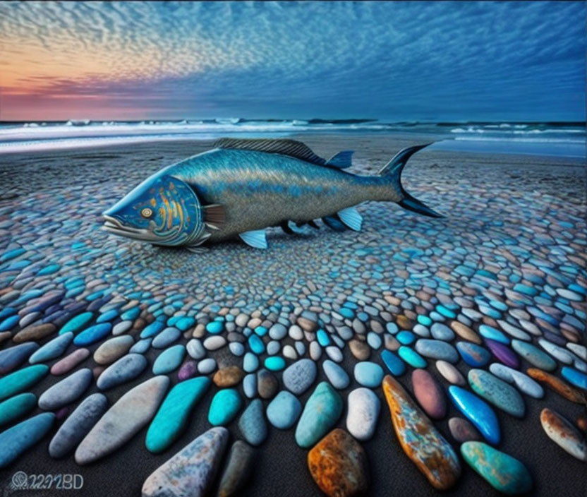 Altered image: Tuna fish on colorful beach at twilight