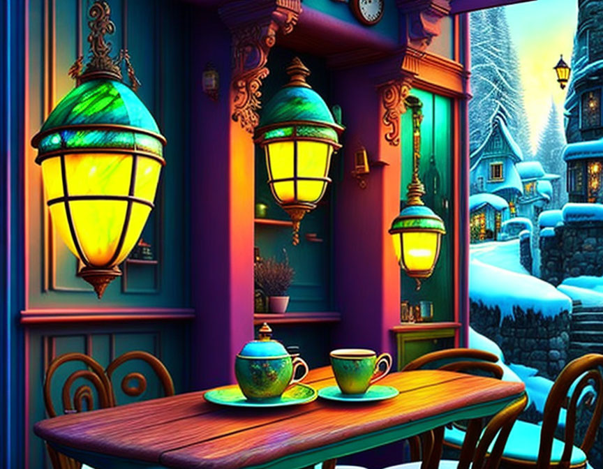 Vintage lanterns and teapot on wooden table in snowy evening