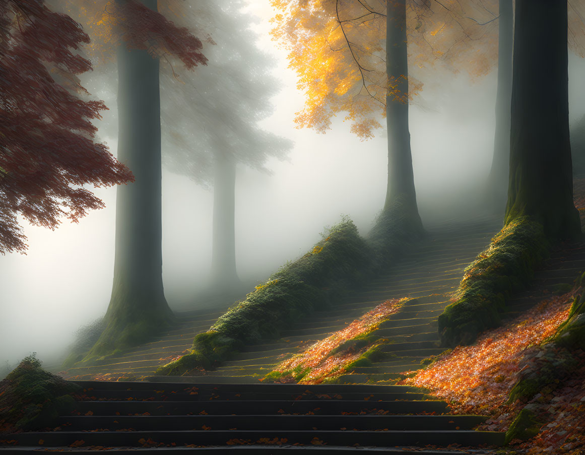 Autumn forest scene: Sunbeams on misty staircase.