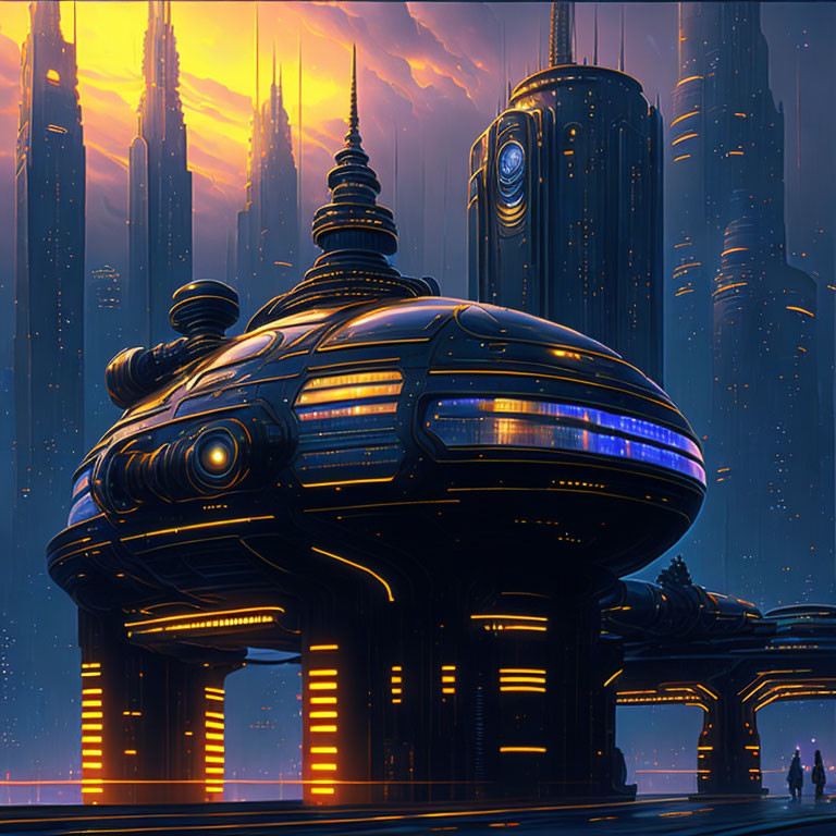 Futuristic cityscape at dusk with skyscrapers and spherical building