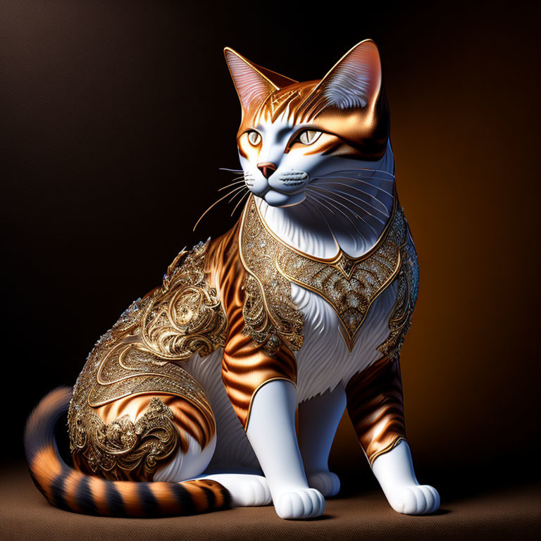 Golden embellished ornate pattern cat on dark background