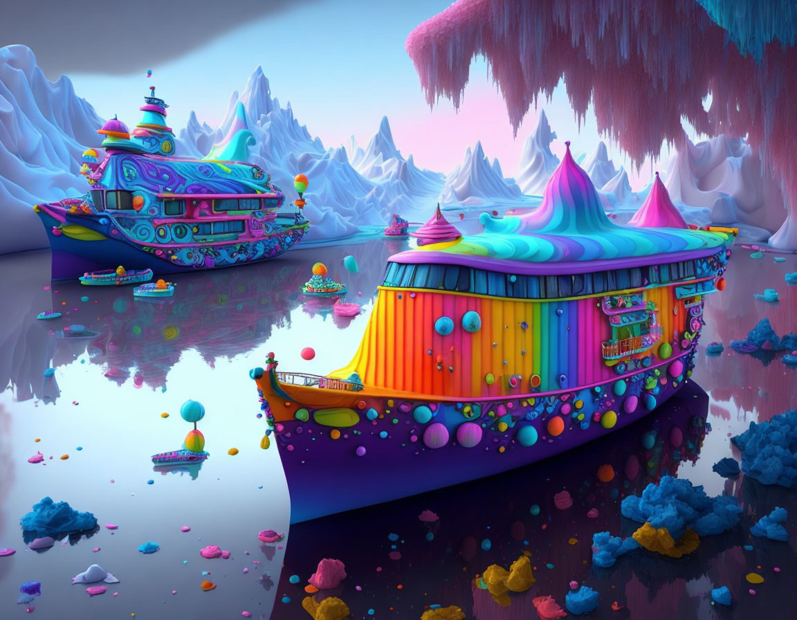 Whimsical boats on pink waterway with candy landscapes