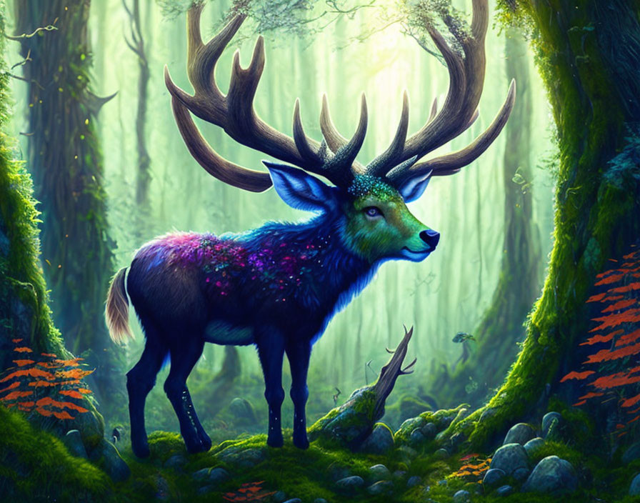 Colorful Majestic Stag with Large Antlers in Sunlit Forest