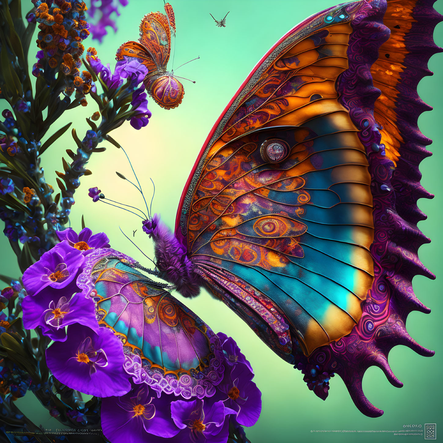 Detailed Butterfly Art Among Purple Flowers on Teal Background