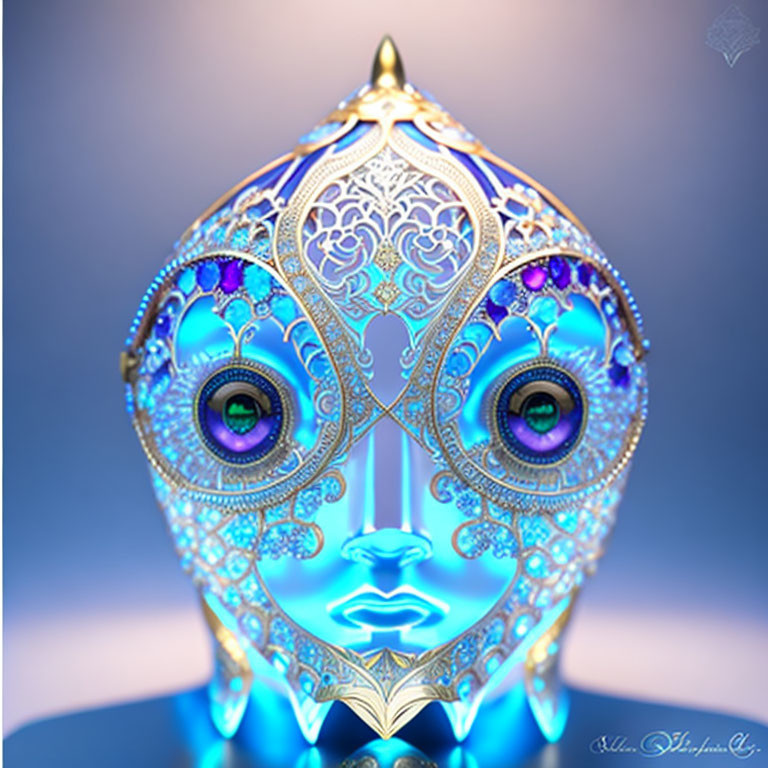 Symmetrical ornate mask-like face with vibrant blue tones and glowing purple eyes