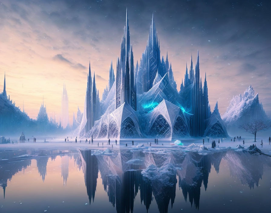 Majestic ice palace with spires in wintry twilight landscape