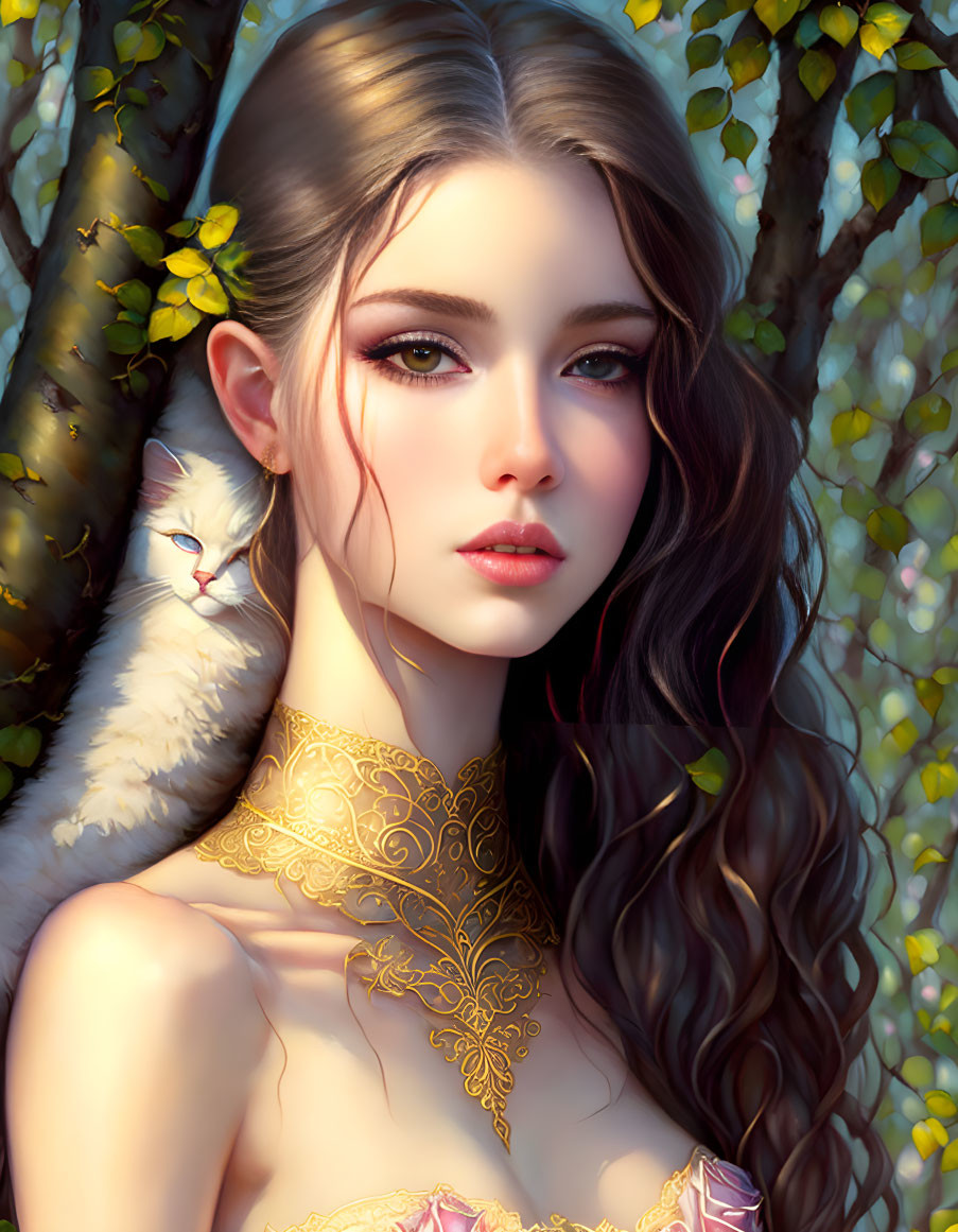 Detailed digital portrait of woman with dark hair and golden jewelry holding white cat in floral setting