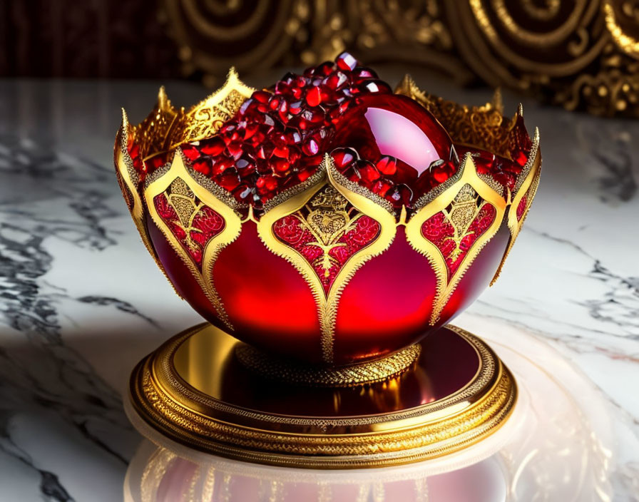 Golden crown-shaped container with red gemstones on marble counter with baroque gold backdrop