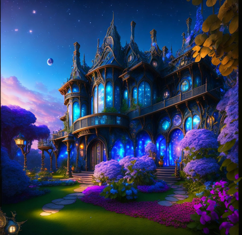 Enchanted twilight mansion with glowing gardens & whimsical trees