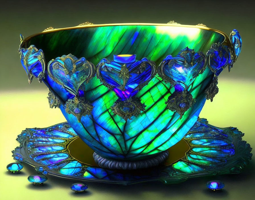 Iridescent Mother-of-Pearl Bowl with Blue Gemstones and Gold Details