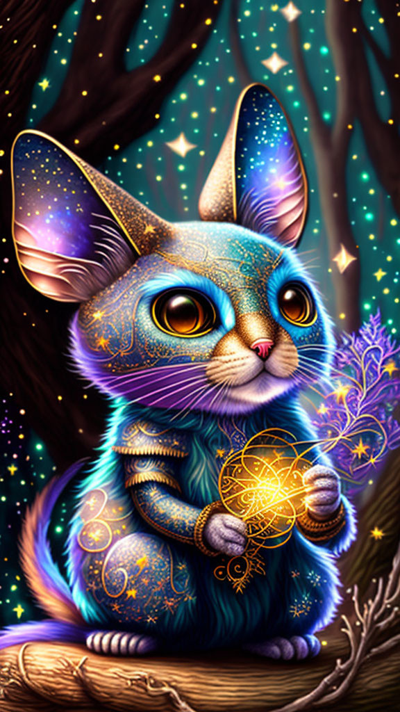 Blue cosmic-patterned cat with glowing orb on tree branch in starry background