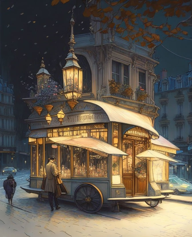 Vintage illuminated kiosk on Parisian street corner at dusk with snowfall