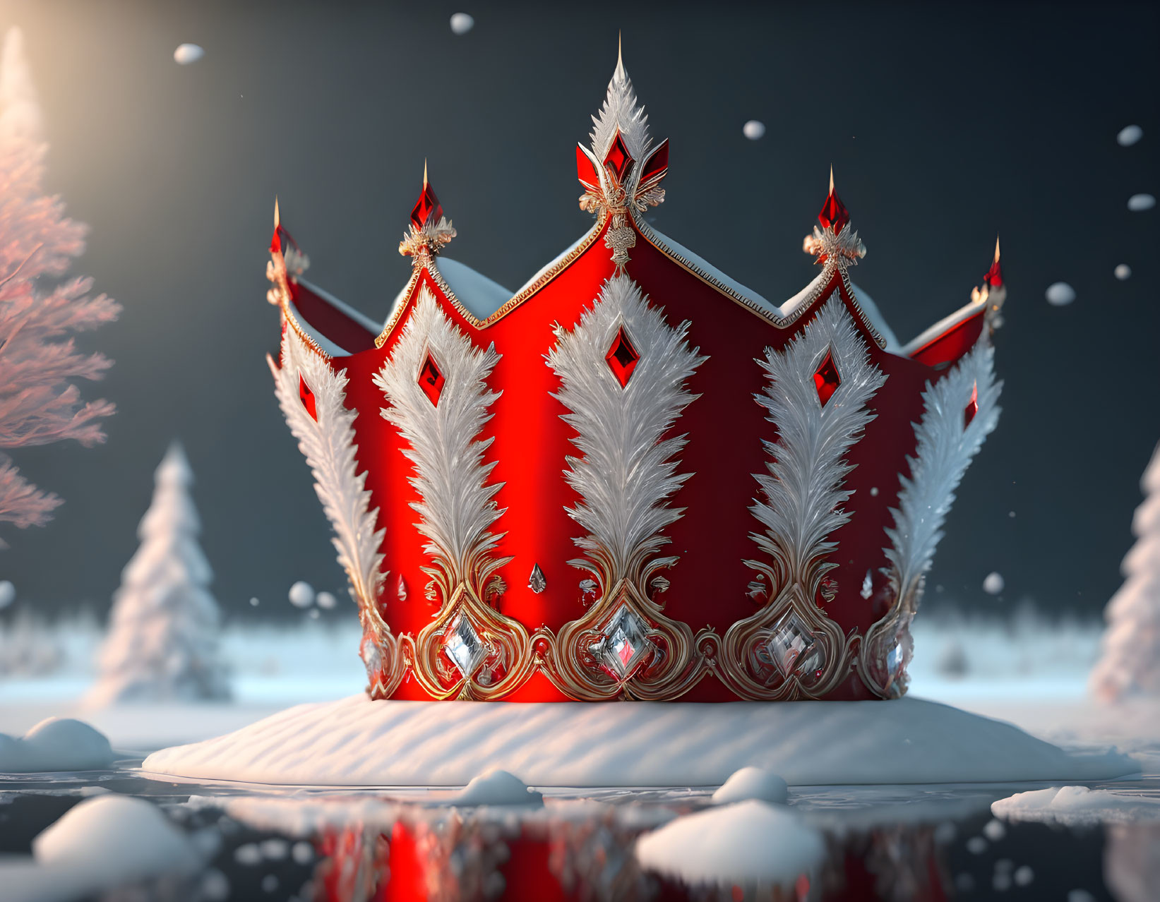 Red Crown with White Fur Trim and Gold Accents in Winter Twilight