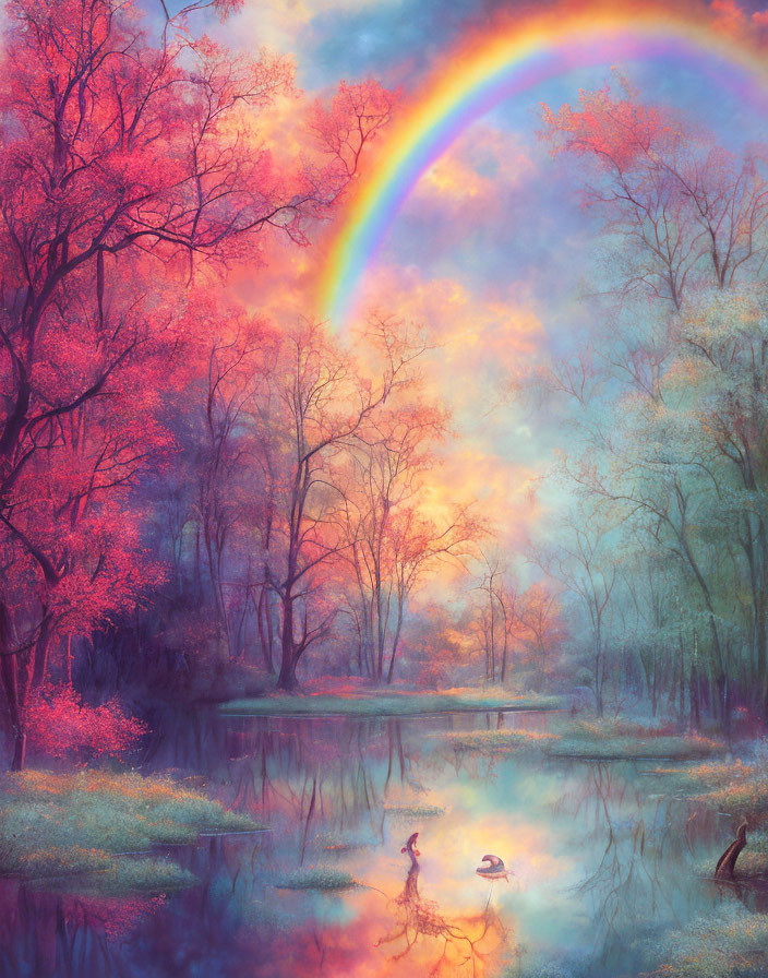 Colorful landscape with rainbow, pink trees, river, and ducks