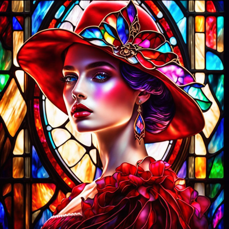 Illustration of woman with blue eyes, red hat, earring, rose dress, in stained-g