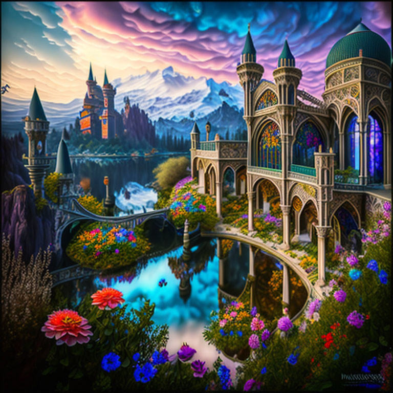 Majestic castles and bridges in vibrant fantasy landscape