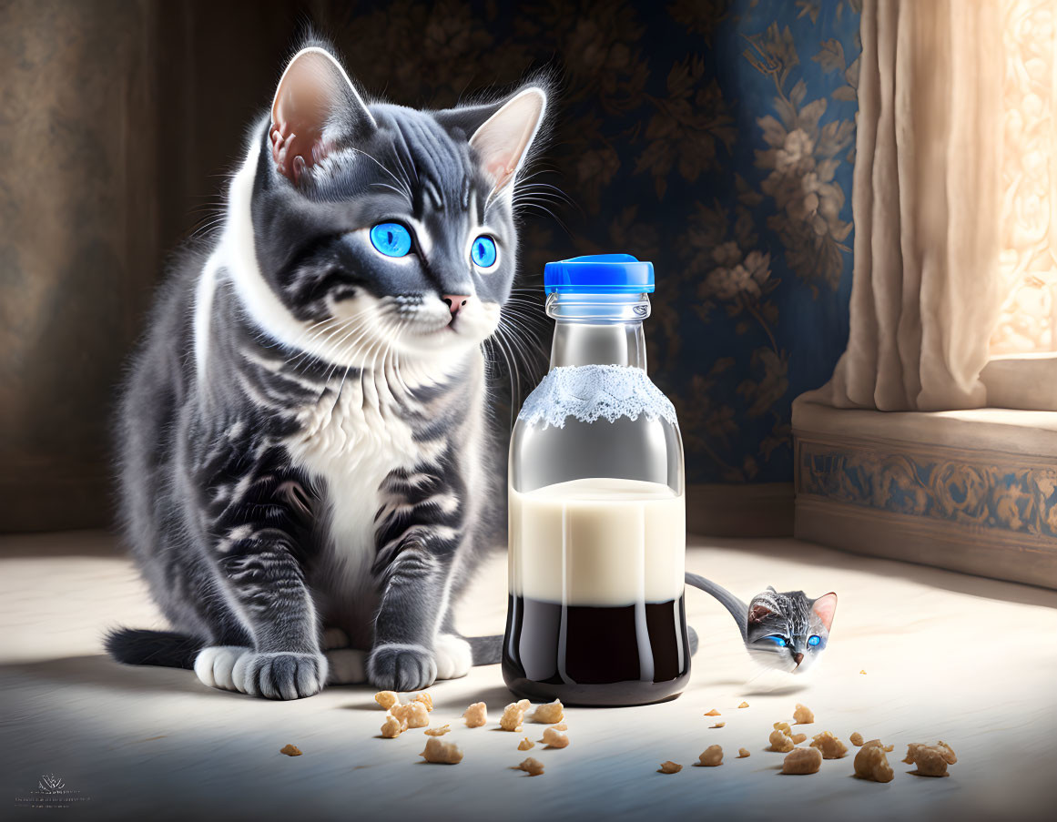 Blue-eyed gray tabby cat with spilled milk and cookies, mouse peeking in vintage room