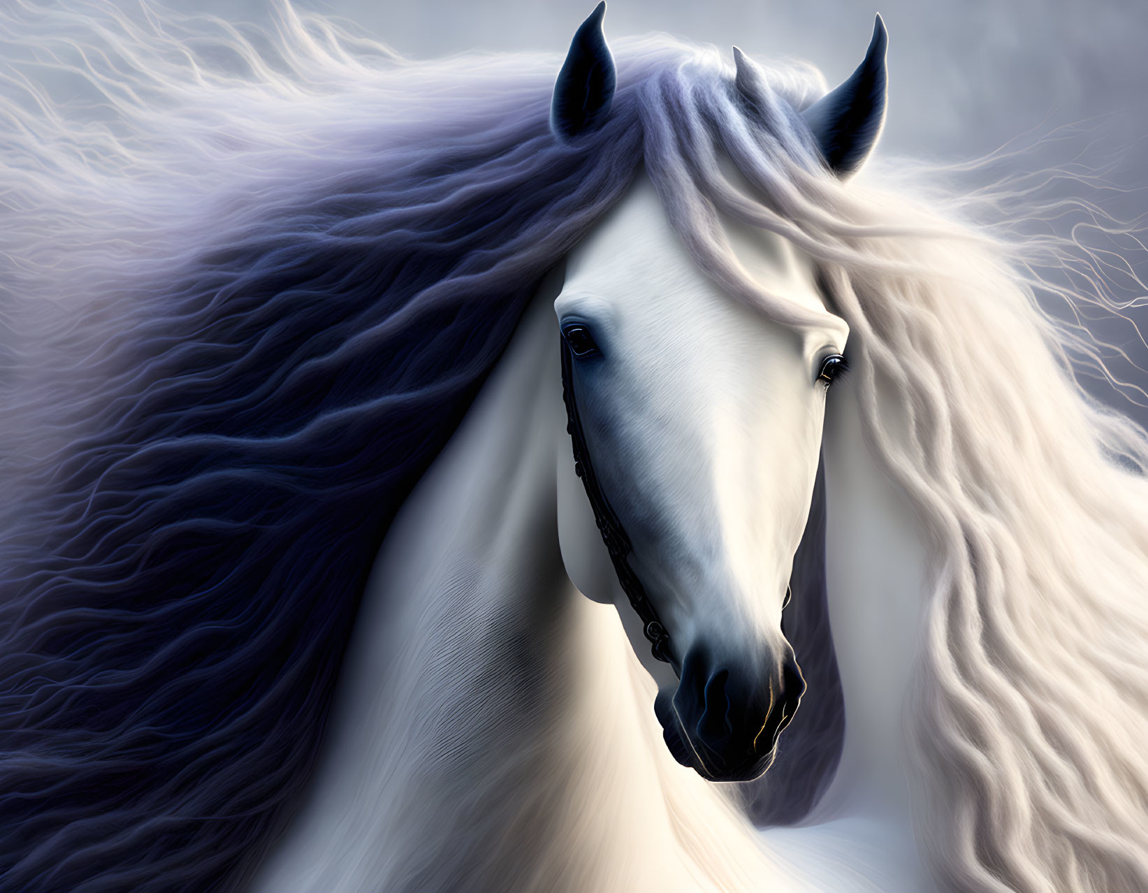 Majestic white horse with flowing mane and piercing eyes