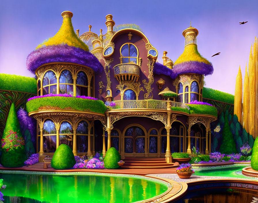 Villa with Violet Roofs, Golden Accents, Lush Greenery, and Serene Pond