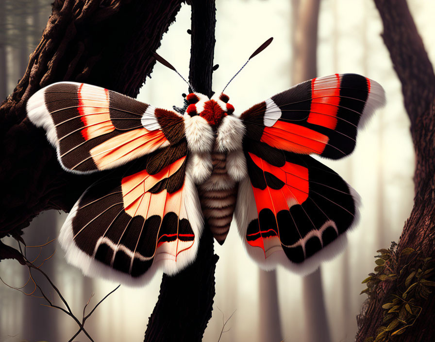 Colorful moth with red, black, and white wings on misty forest branch