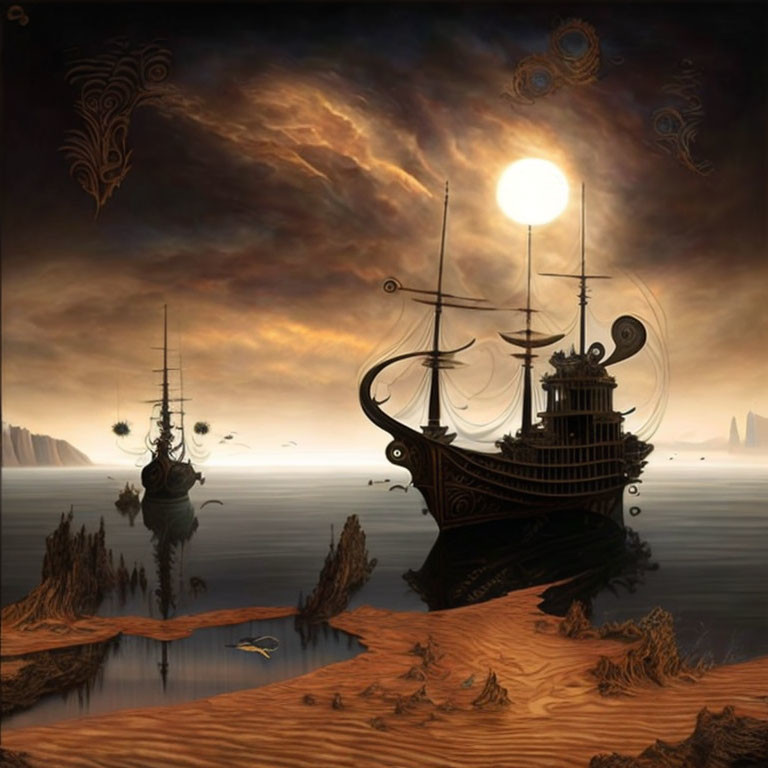 Ornate ships resembling floating buildings in surreal desert scene