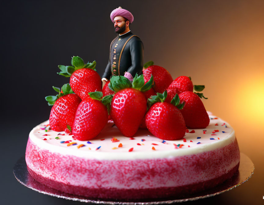 Fresh Strawberry Cake with Colorful Sprinkles & Traditional Attire Figurine