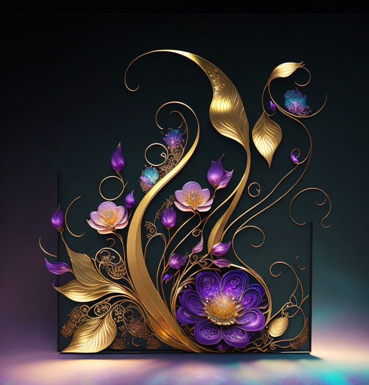 Metallic floral design with gold and purple hues on dark background