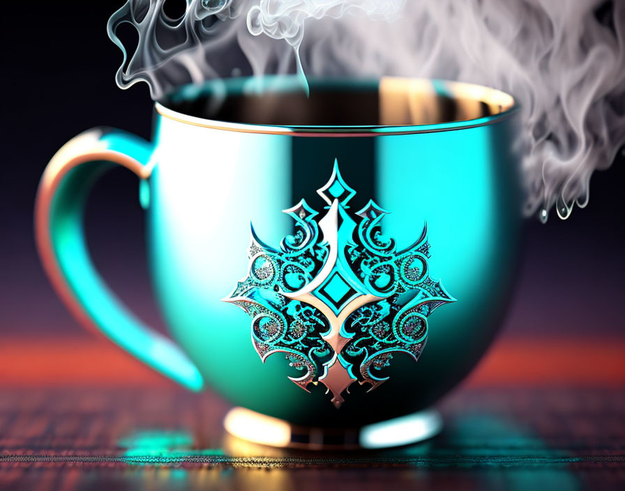 Teal cup with silver pattern emitting steam on blurred background